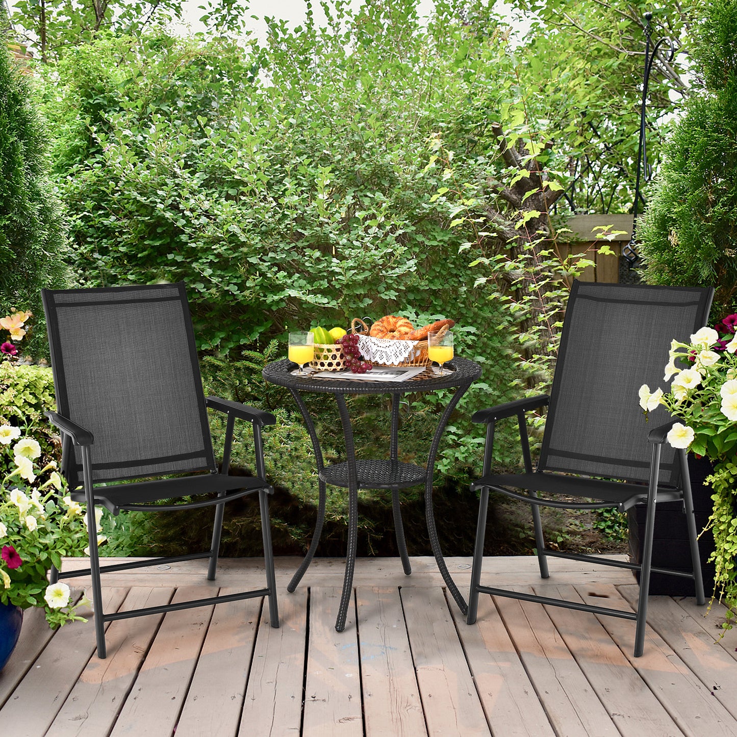 Set of 2 Folding Outdoor Dining Chairs with Ergonomic Armrests-Black