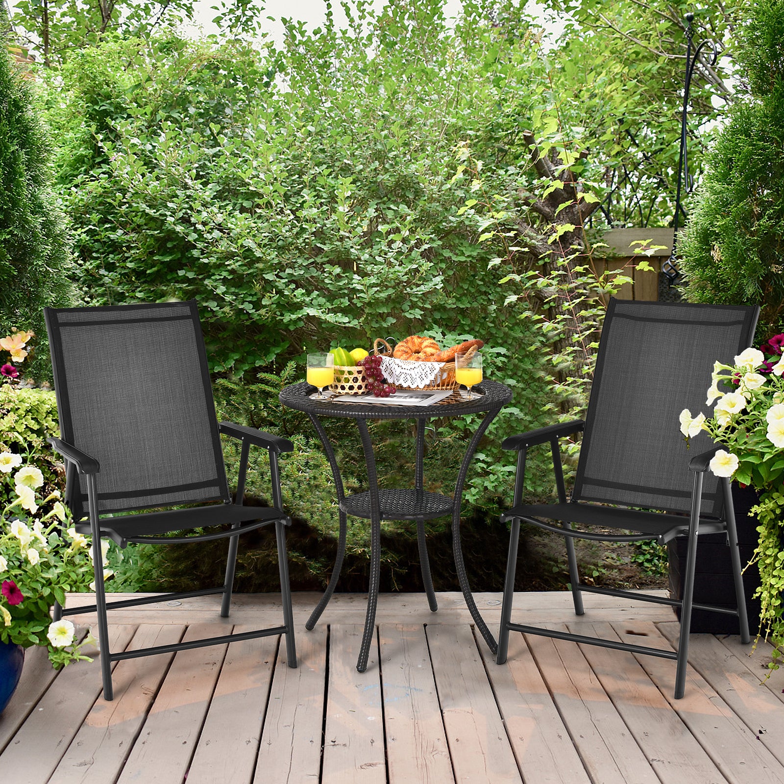 Set of 2 Folding Outdoor Dining Chairs with Ergonomic Armrests-Black