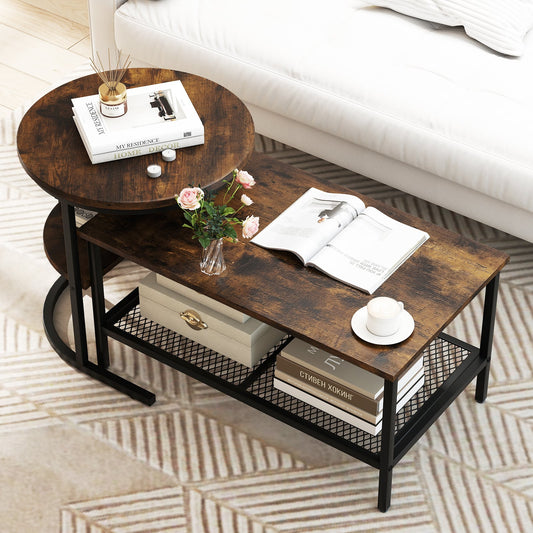 Set of 2 Nesting Coffee Table with Extra Storage Shelf-Coffee