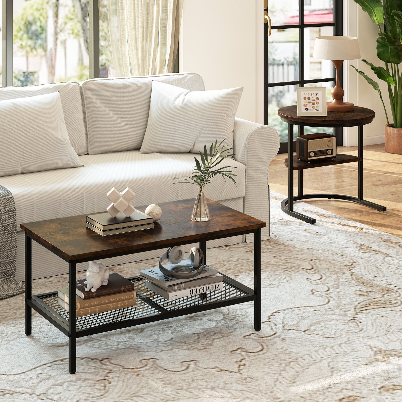 Set of 2 Nesting Coffee Table with Extra Storage Shelf-Coffee