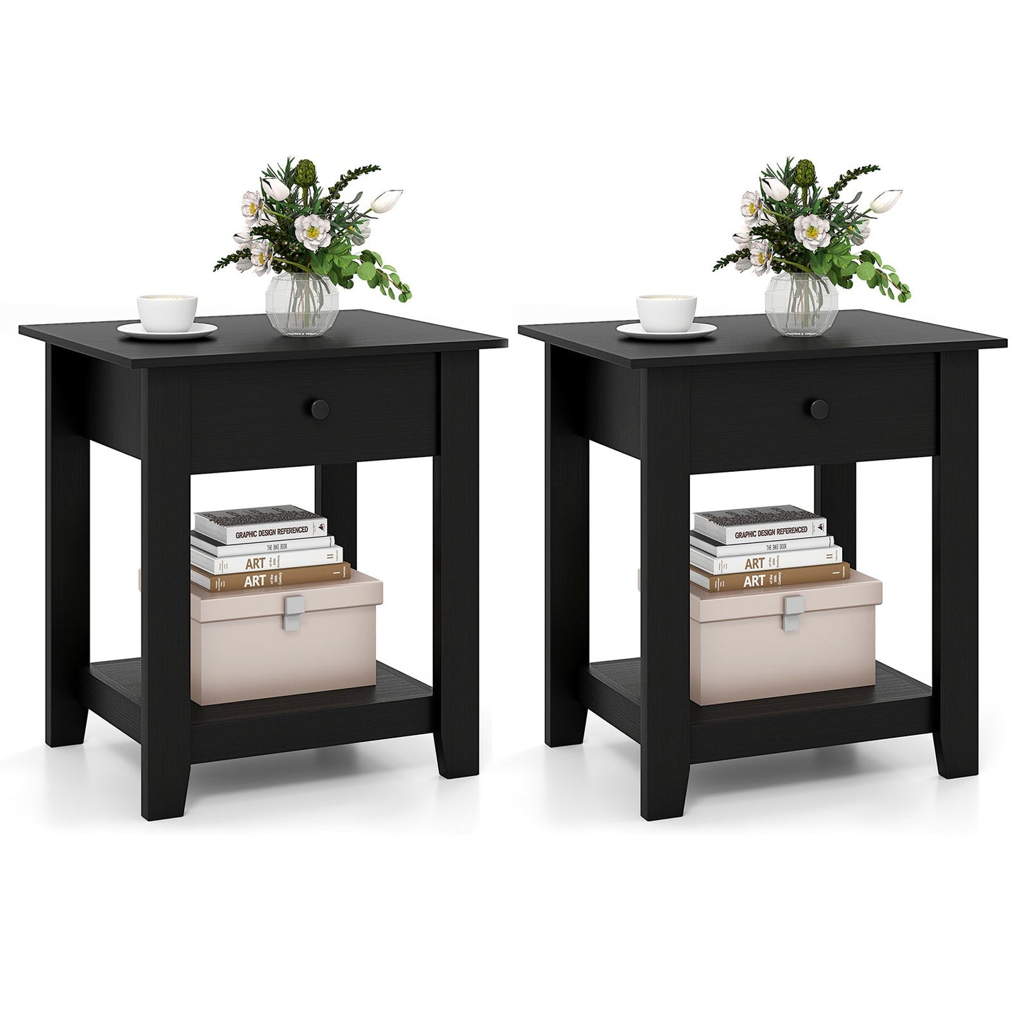 Set of 2 Nightstand with Drawer 3-Tier Modern Bedside Table-Black