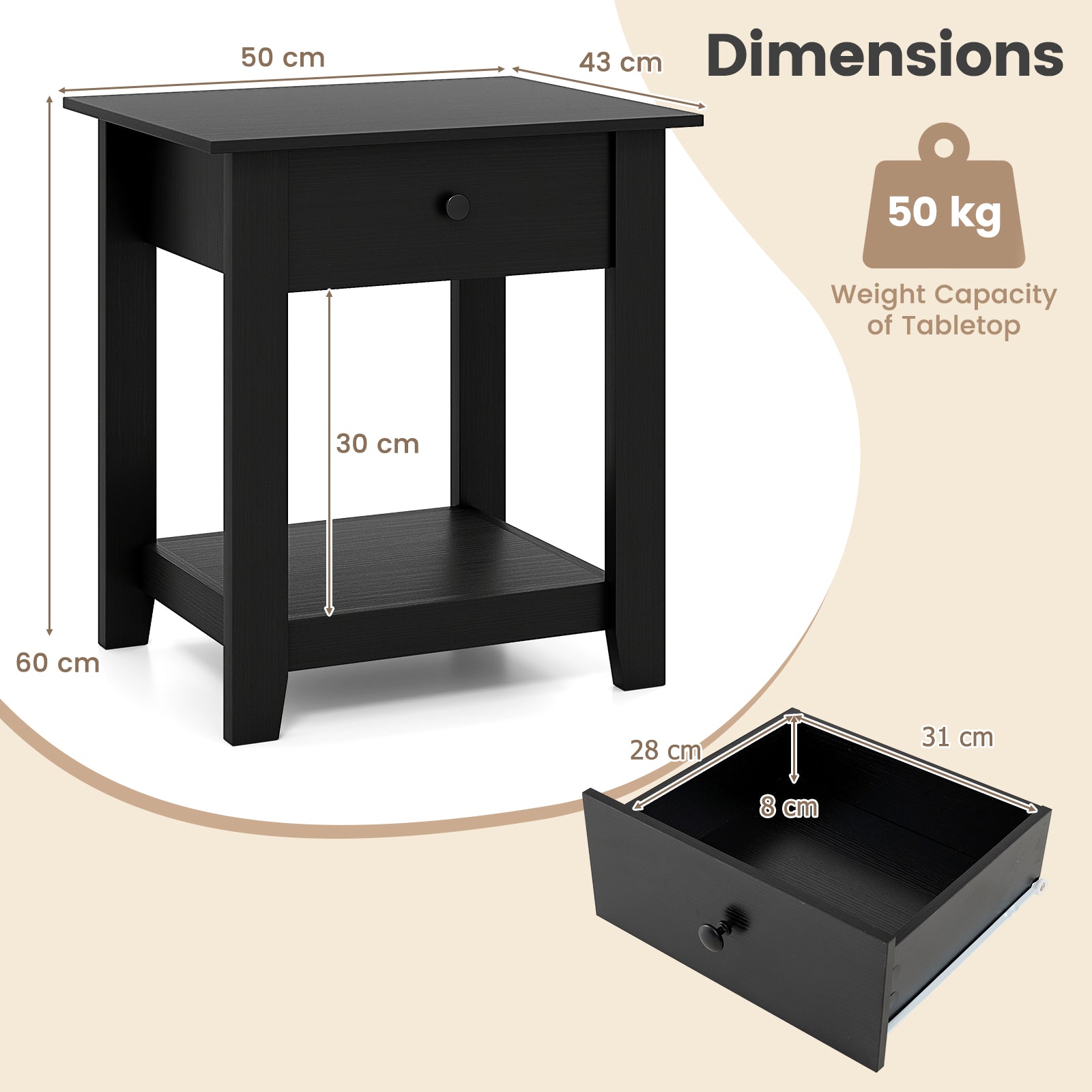 Set of 2 Nightstand with Drawer 3-Tier Modern Bedside Table-Black