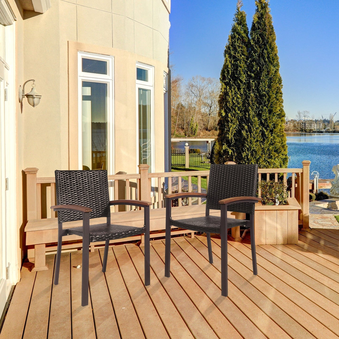 Set of 2 Outdoor PE Wicker Stackable Chairs Patio Dining Chairs