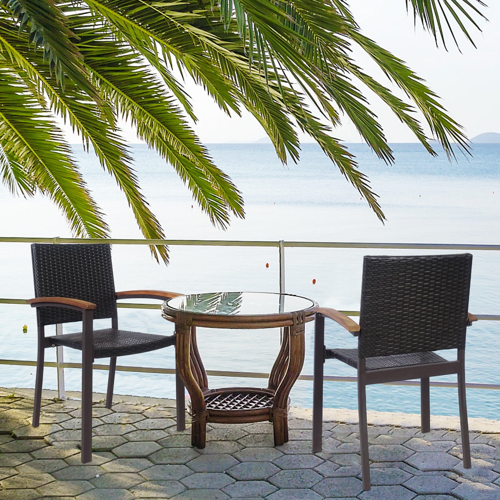 Set of 2 Outdoor PE Wicker Stackable Chairs Patio Dining Chairs