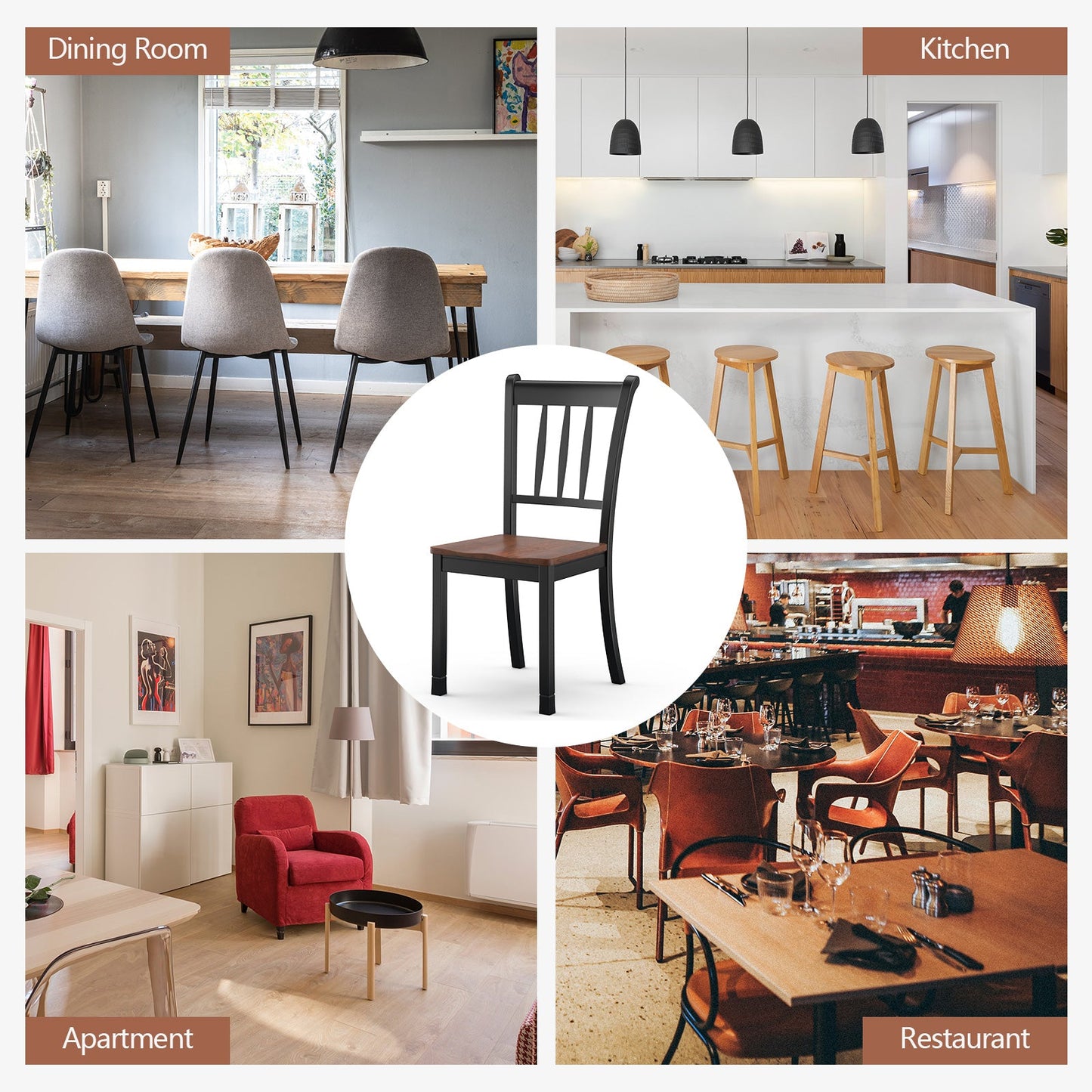 Set of 2 Slatted High Backrest Dining Chairs with Shaped Seat-Black