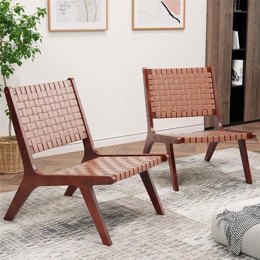 Set of 2 Woven Leather Accent Chairs with Wood Frame-Brown