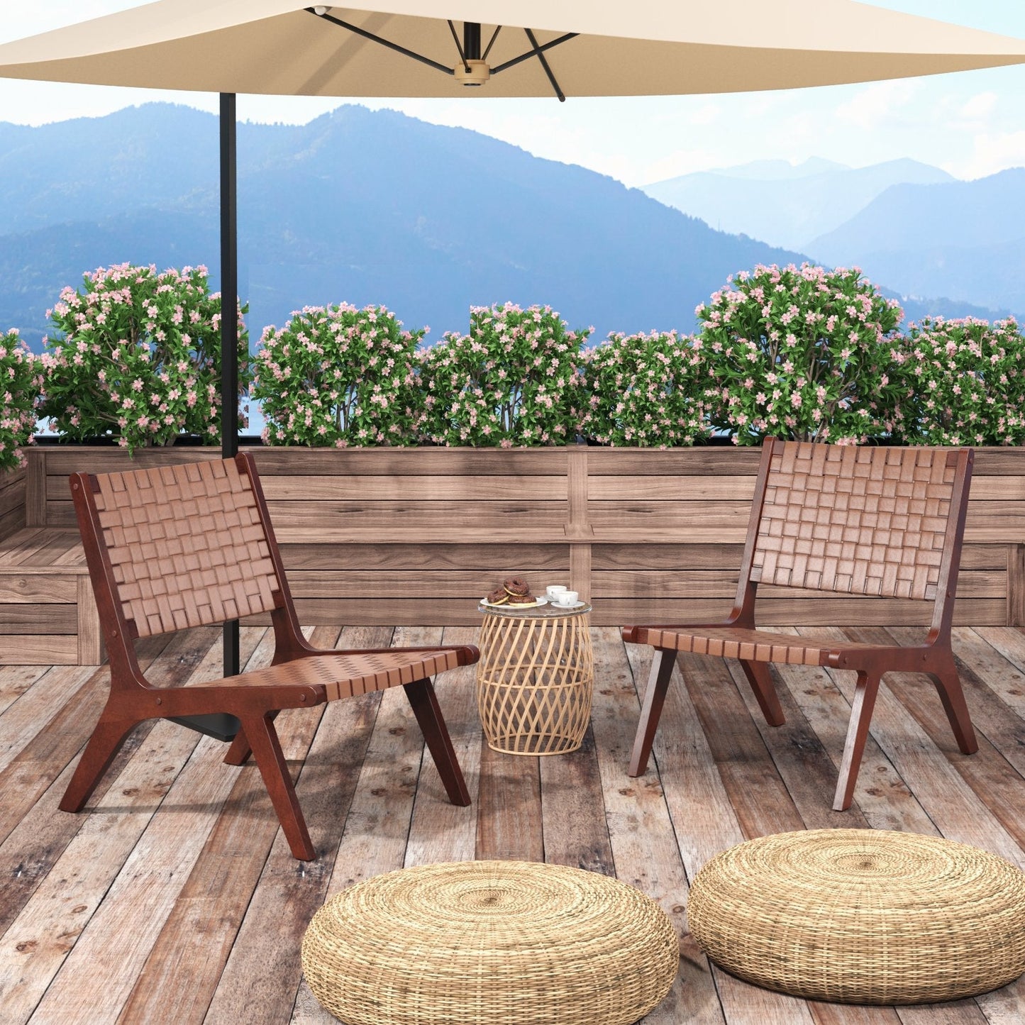 Set of 2 Woven Leather Accent Chairs with Wood Frame-Brown