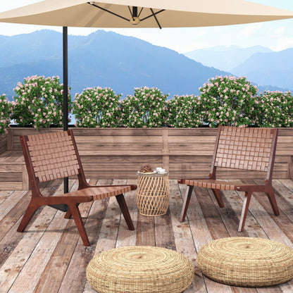 Set of 2 Woven Leather Accent Chairs with Wood Frame-Brown