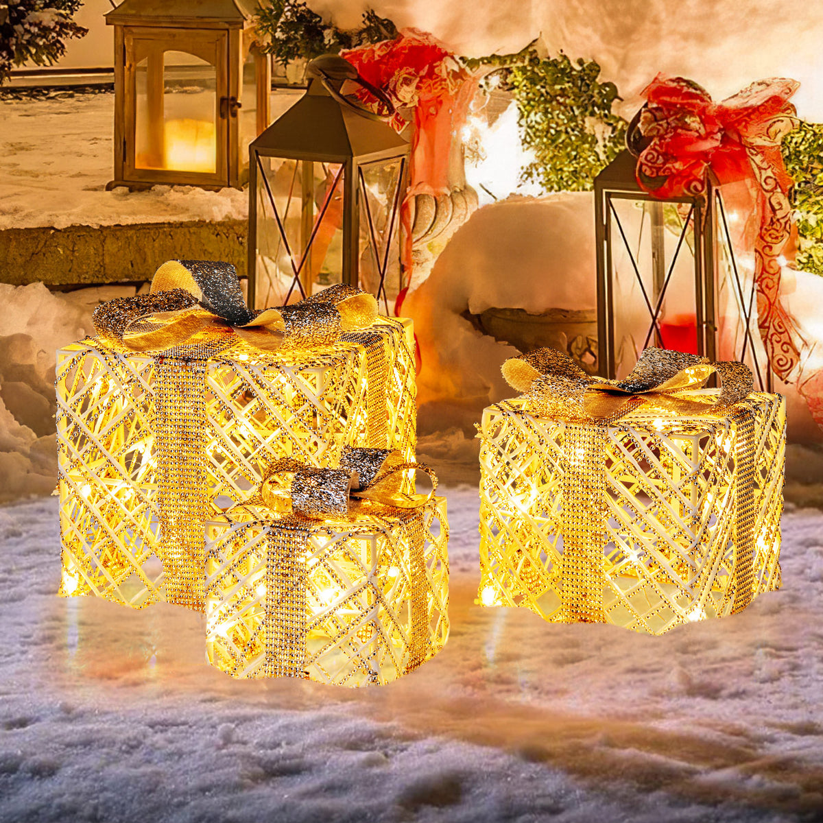 Set of 3 Christmas Lighted Gift Boxes with Bows and Ground Stakes