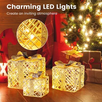 Set of 3 Christmas Lighted Gift Boxes with Bows and Ground Stakes