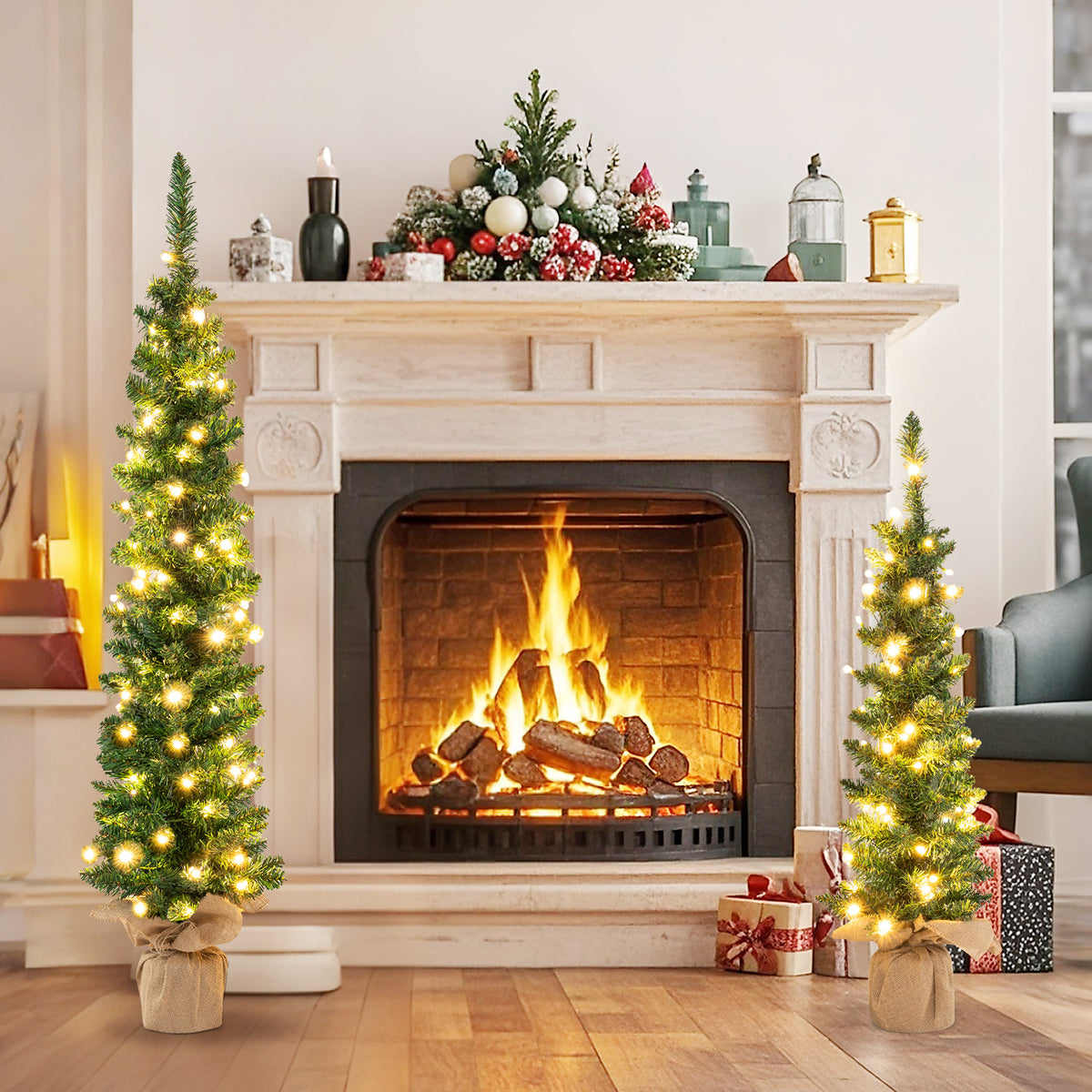 Set of 3 Pre-Lit Artificial Christmas Trees with 415 Green Branch Tips and 230 Warm White LED Lights