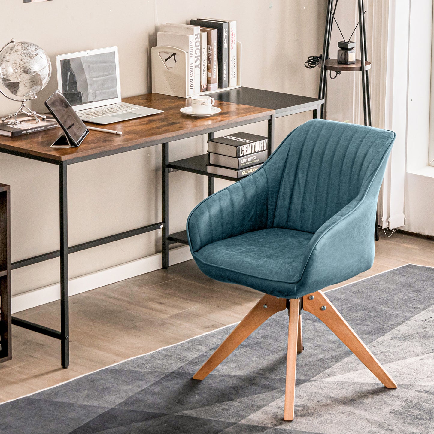 Set of 4 360° Swivel Accent Chair with Solid Wood Legs-Blue