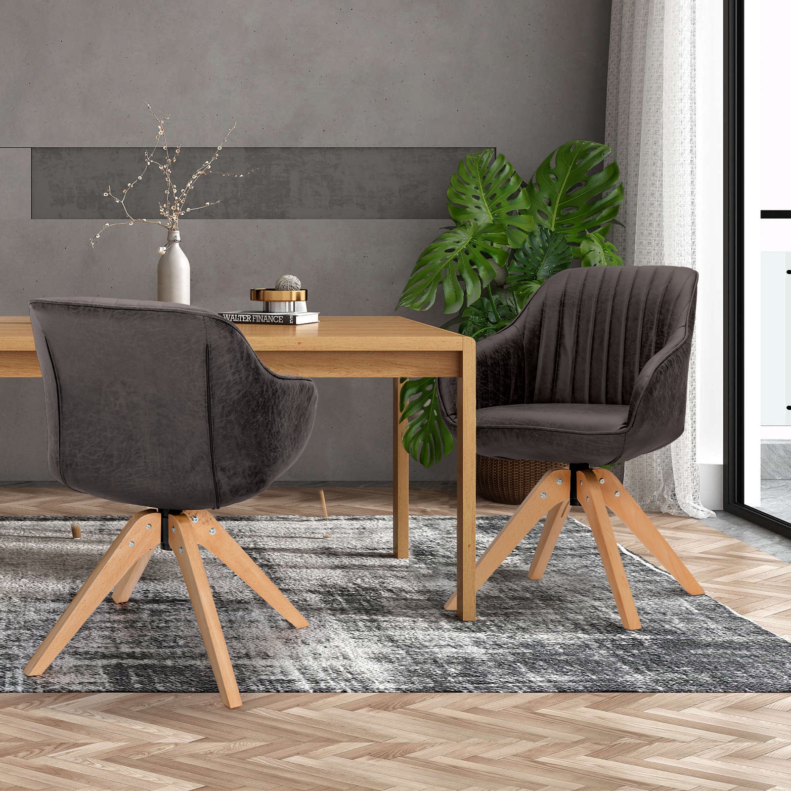 Set of 4 360° Swivel Accent Chair with Solid Wood Legs-Brown