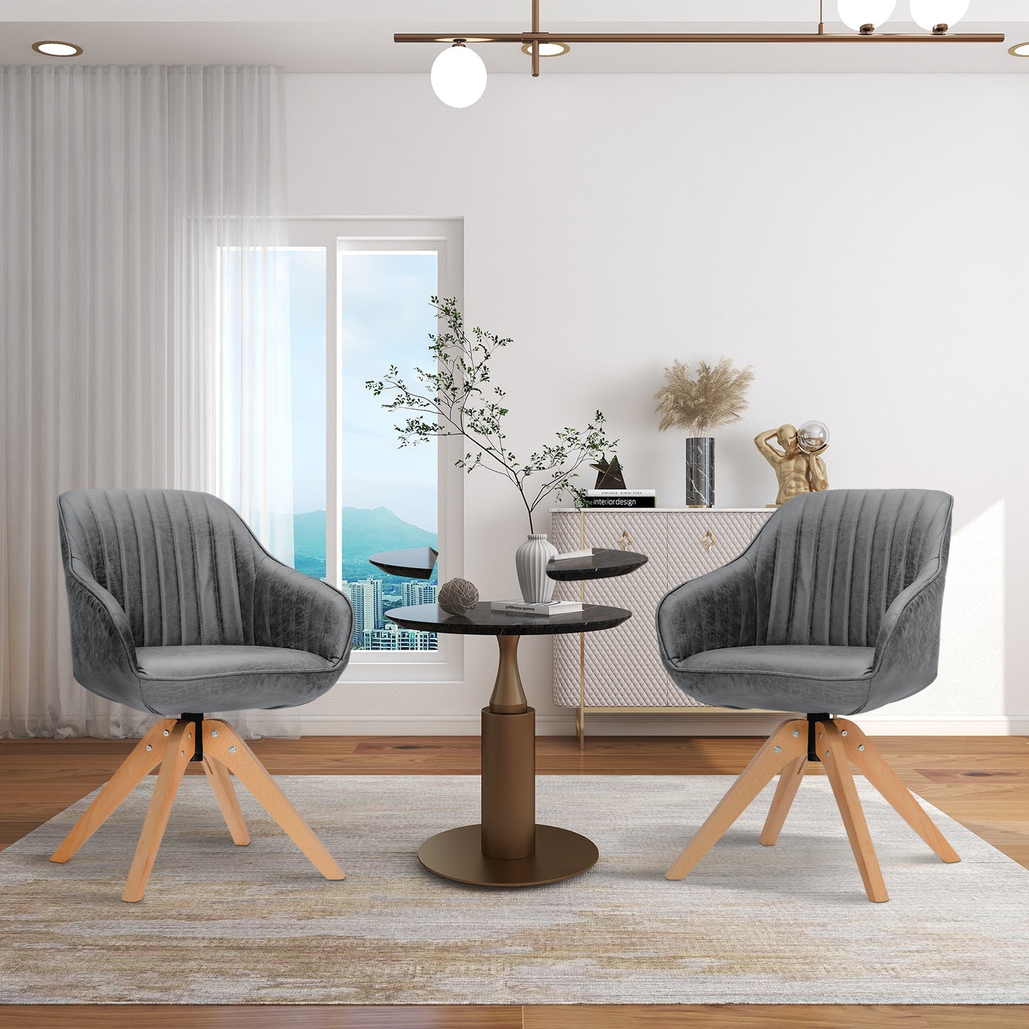 Set of 4 360° Swivel Accent Chair with Solid Wood Legs-Grey