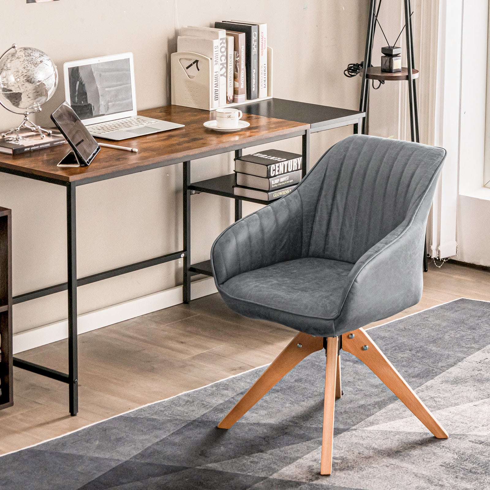 Set of 4 360° Swivel Accent Chair with Solid Wood Legs-Grey