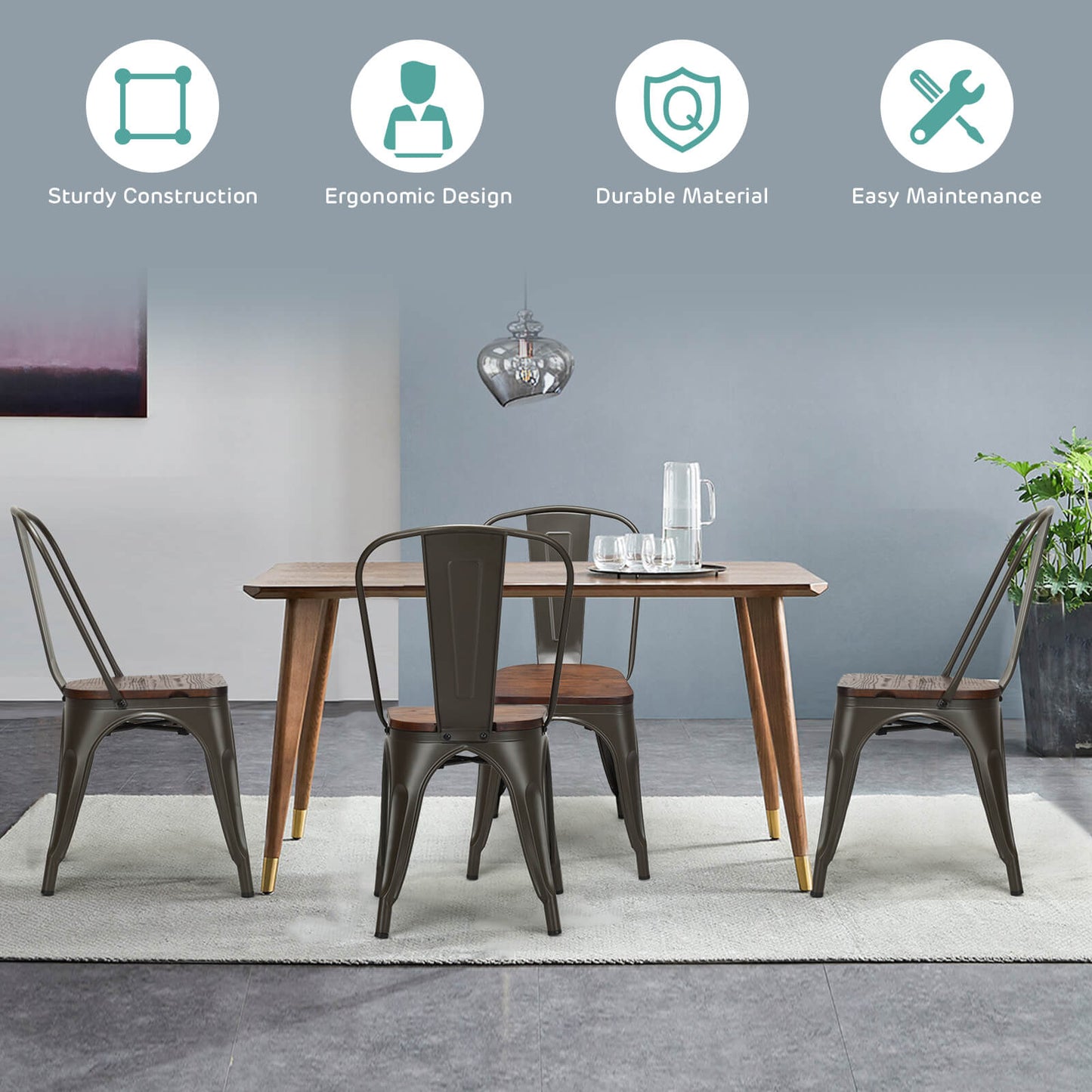 Set of 4 Stackable Metal Dining Chairs with Iron Backrest-Gun