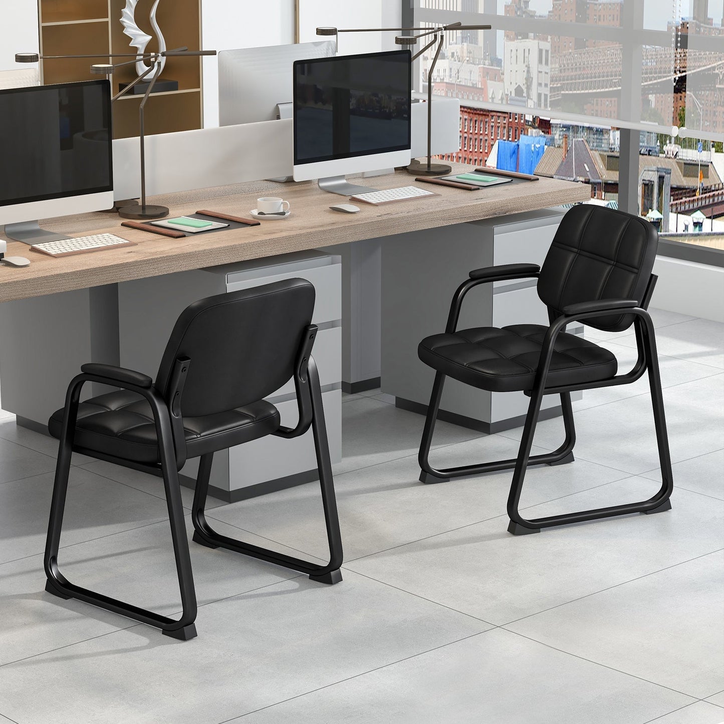 Set of 4 Reception Guest Chair with Padded Armrests-Black