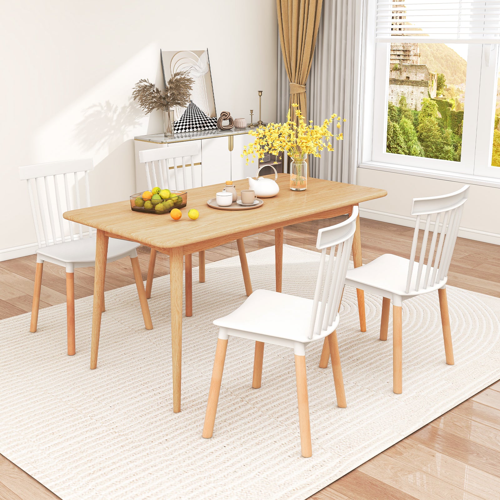 Set of 4 Windsor Dining Chairs with Spindle Backs and Curved Seats-White