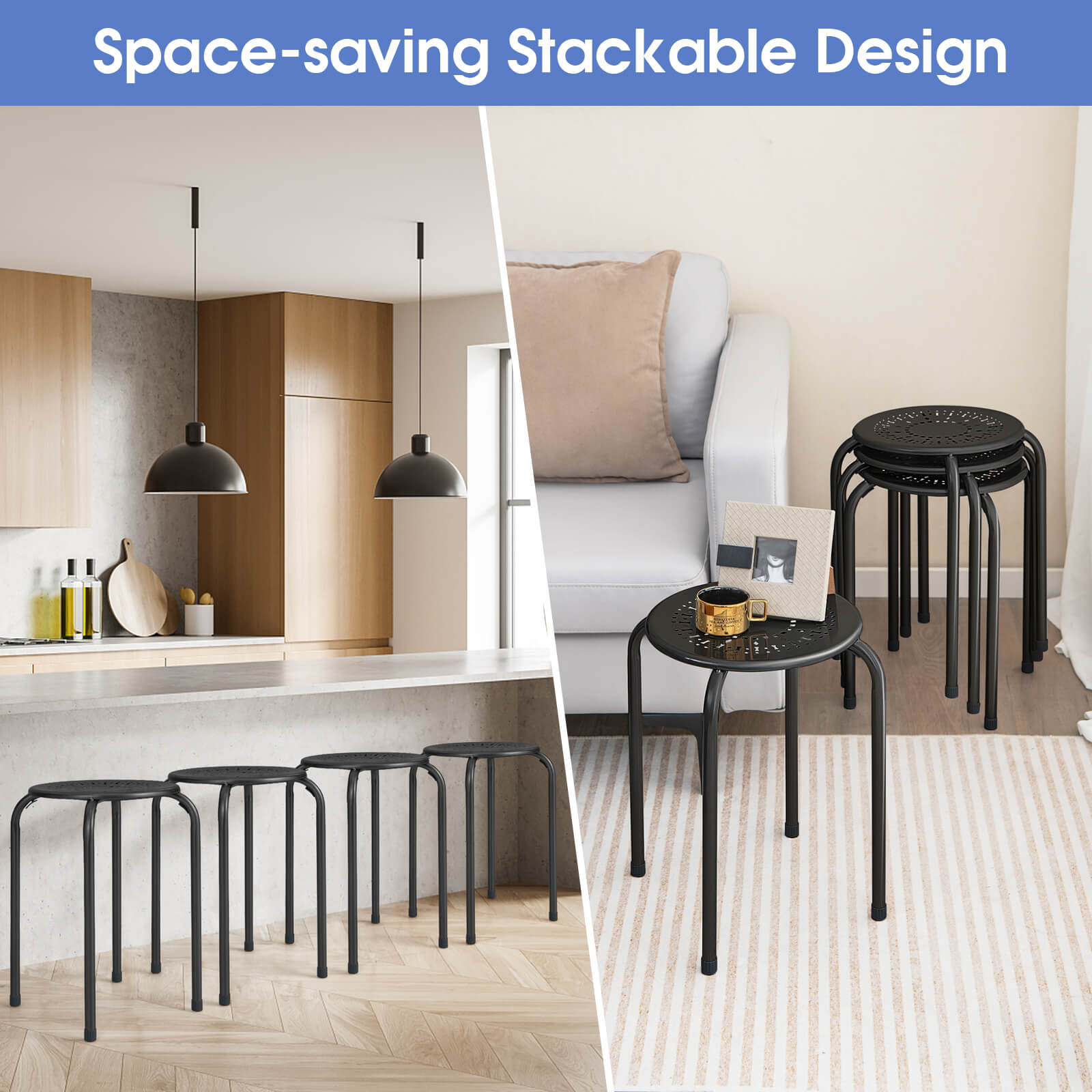 Set of 6 Round Metal Stools Support up to 120kg-Black