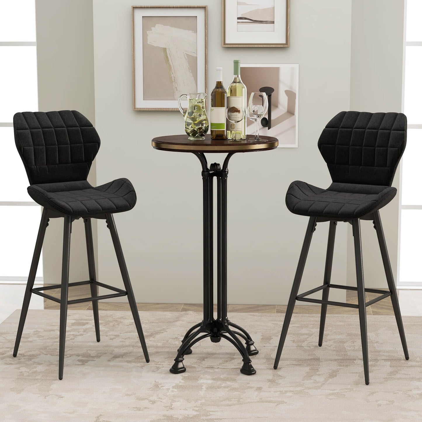 Set of 2 Bar Stool Counter Height Bar Chairs Armless with Curved Backrest-Black