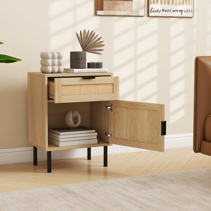 Set of 2 Rattan Nightstand with Drawer and Cabinet and Metal Legs-Natural
