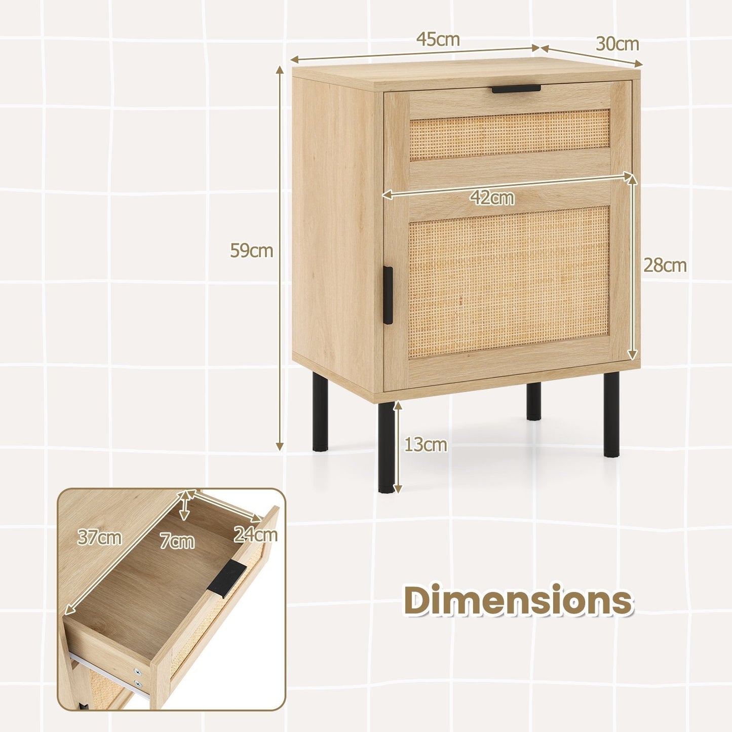 Set of 2 Rattan Nightstand with Drawer and Cabinet and Metal Legs-Natural