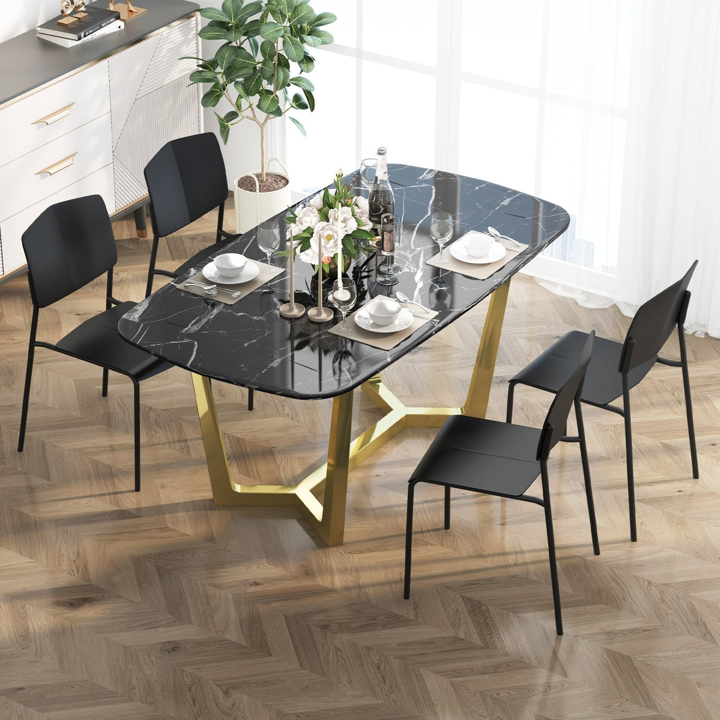Set of 4 Dining Chair Stackable Armless Chairs with Backrest-Black-4 Pack