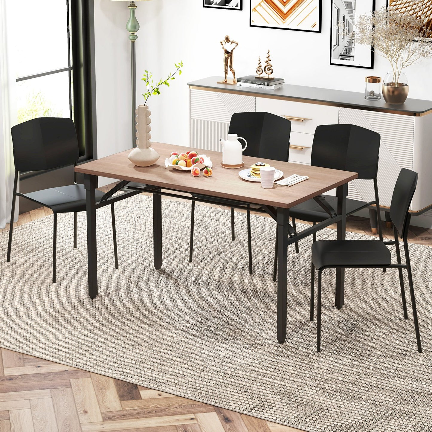 Set of 4 Dining Chair Stackable Armless Chairs with Backrest-Black-4 Pack