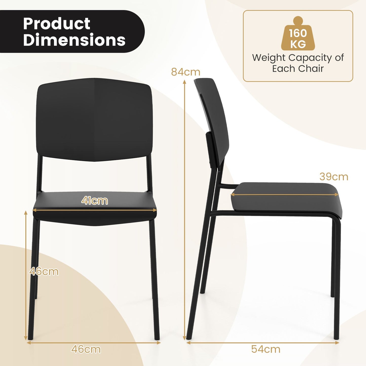 Set of 4 Dining Chair Stackable Armless Chairs with Backrest-Black-4 Pack