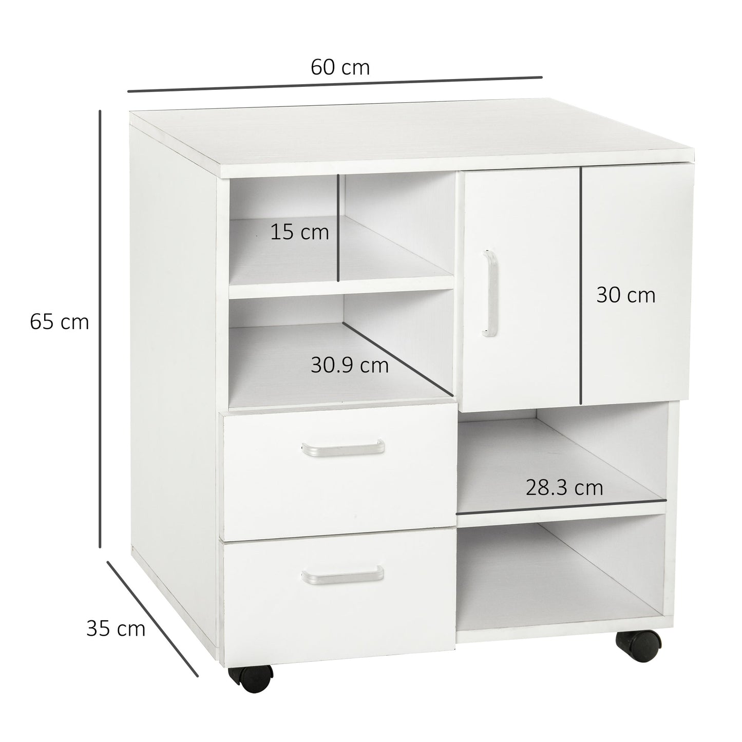 HOMCOM Mobile Printer Stand with Storage Shelves and Drawers, Printer Table on Wheels for Home Office, 60L x 35W x 65Hcm, White