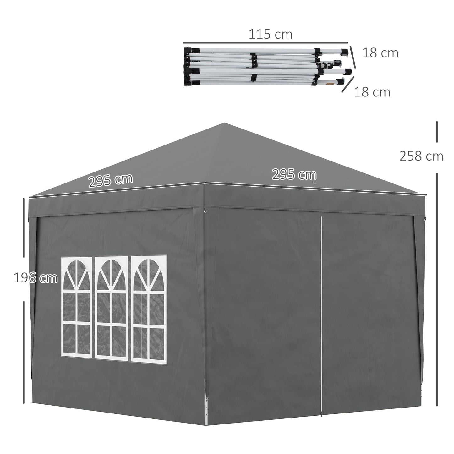 Outsunny 3 x 3 m Pop Up Gazebo Party Tent Canopy Wedding Camping Marquee z torbą transportową i 2 oknami, szary