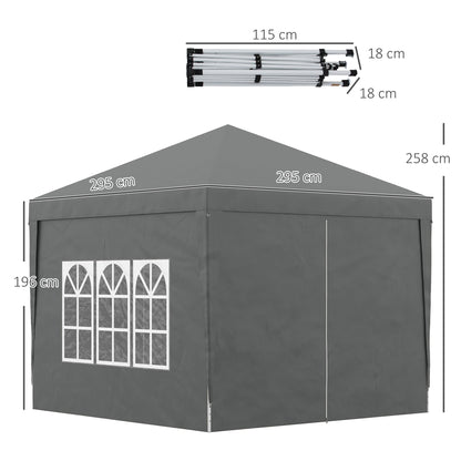 Outsunny 3 x 3 m Pop Up Gazebo Party Tent Canopy Wedding Camping Marquee z torbą transportową i 2 oknami, szary