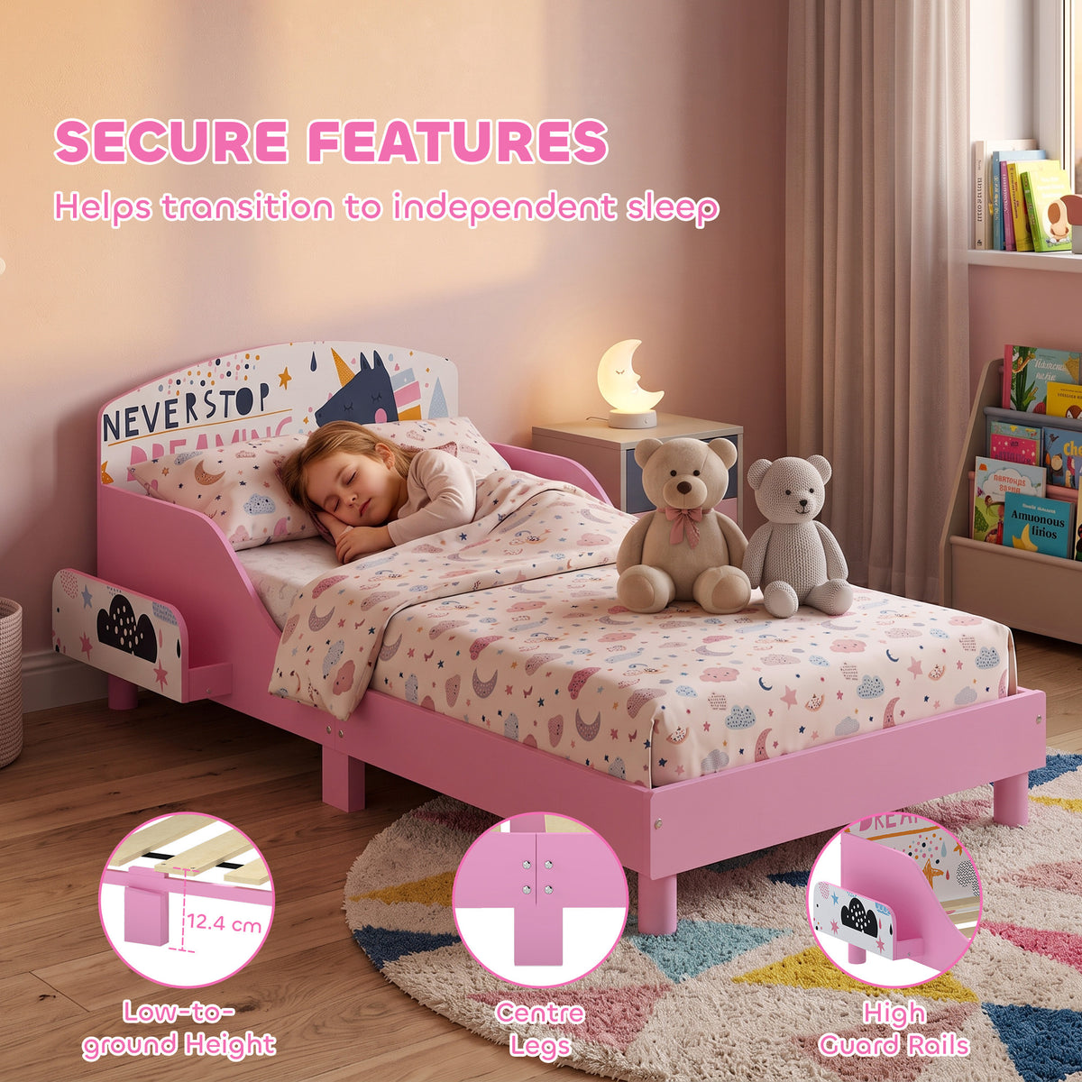 AIYAPLAY Toddler Bed with Bedside Storage and Guard Rails for 3-8, Fits 140 x 70 x 10cm Mattress, Pink Girl Print