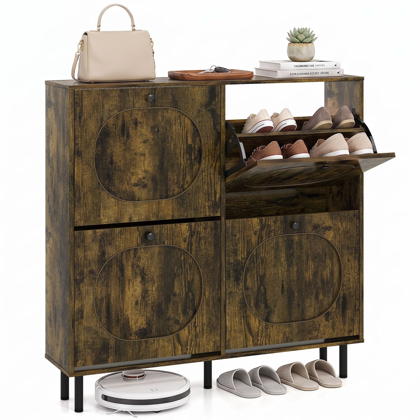 Shoe Storage Cabinet with 4 Flip Drawers for Entryway-Rustic Brown