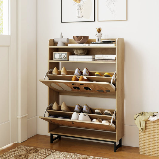 Shoe Cabinet wIth 2 Flip Drawers Freestanding Shoe Organizer Rustic Shoe Storage Cabinet-Natural