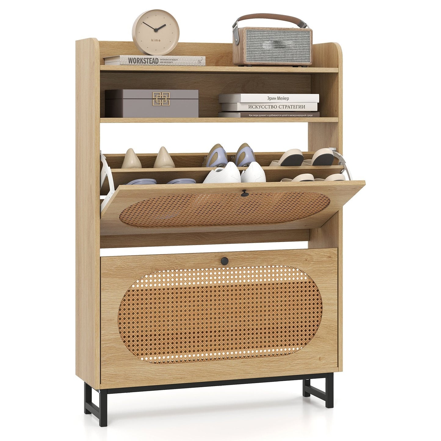 Shoe Cabinet wIth 2 Flip Drawers Freestanding Shoe Organizer Rustic Shoe Storage Cabinet-Natural