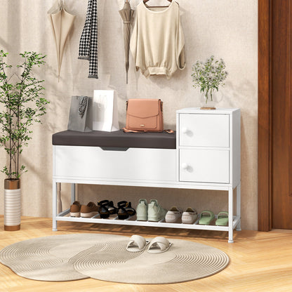 Shoe Entryway Bench with Flip Top Box and 2 Door Cabinets-White