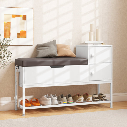 Shoe Entryway Bench with Flip Top Box and 2 Door Cabinets-White
