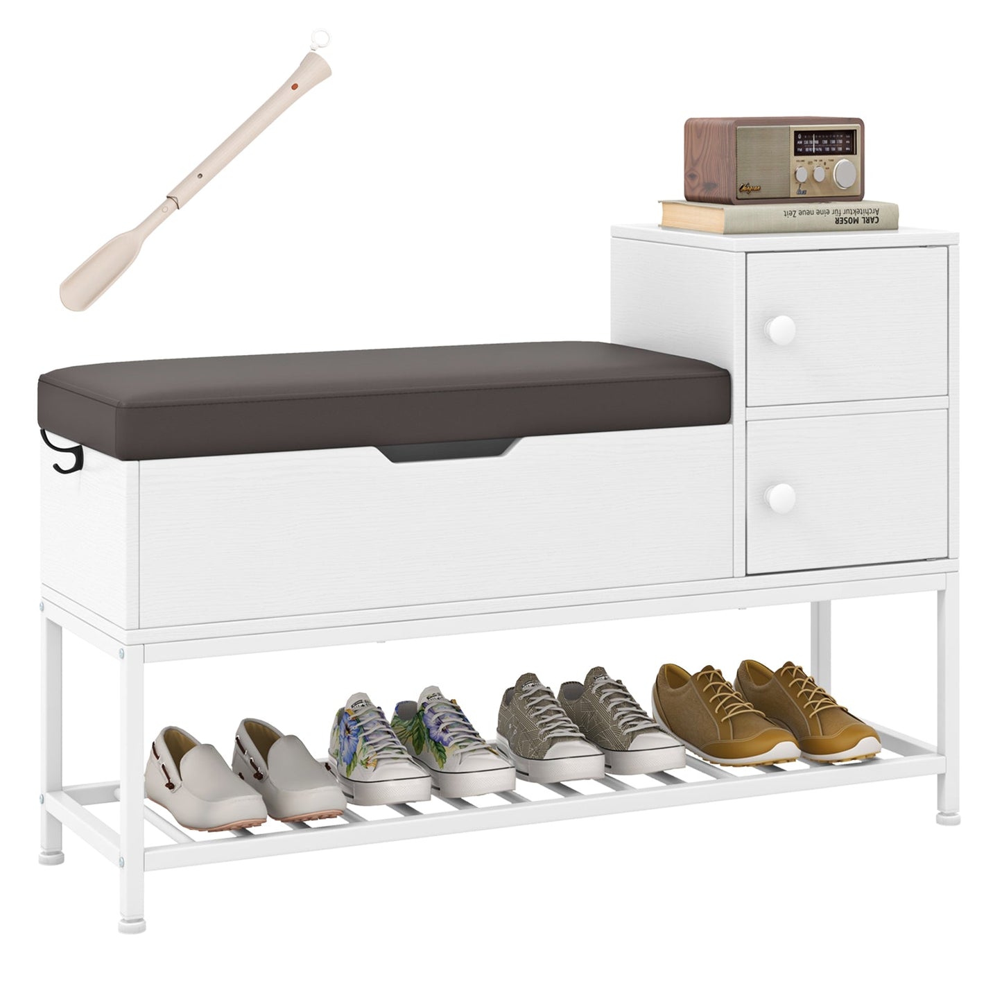 Shoe Entryway Bench with Flip Top Box and 2 Door Cabinets-White