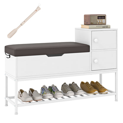 Shoe Entryway Bench with Flip Top Box and 2 Door Cabinets-White