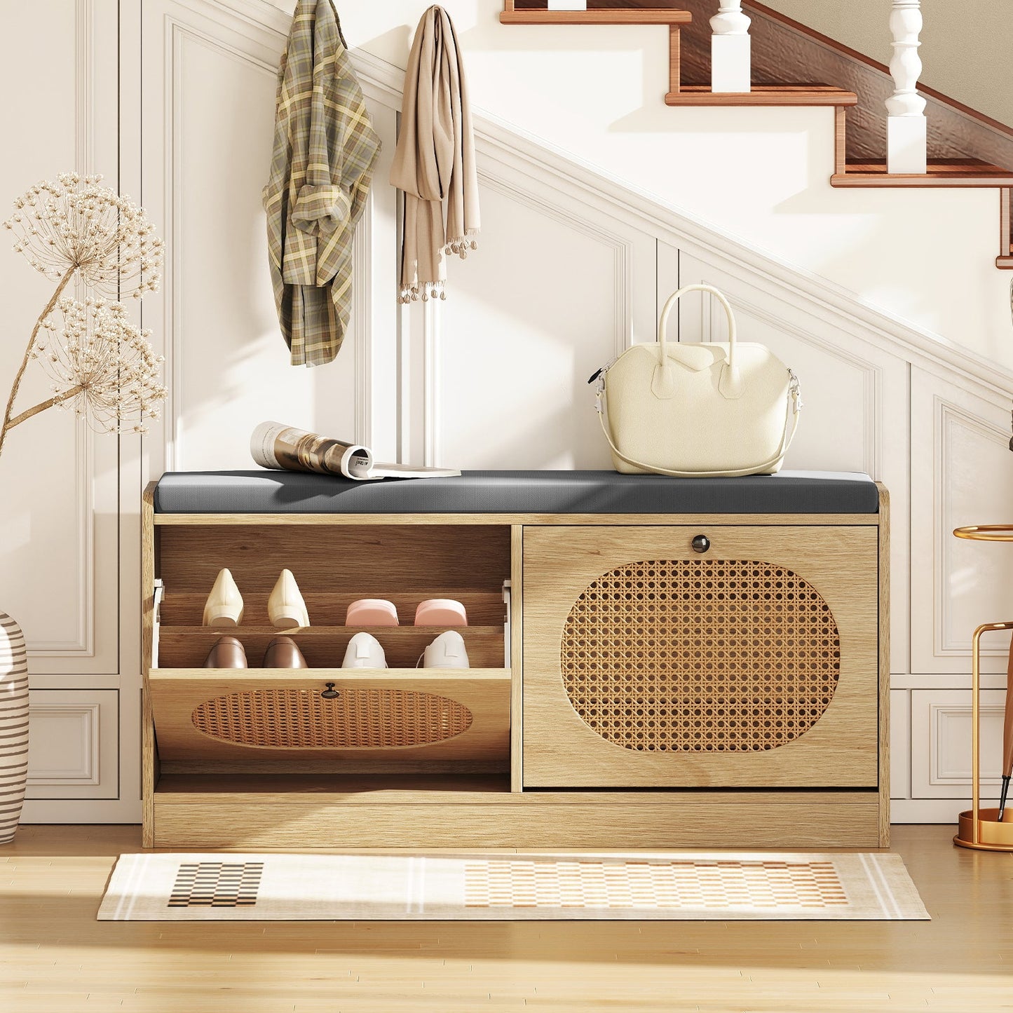 Shoe Storage Bench with 2 Flip-over Doors and Adjustable Shelves-Natural