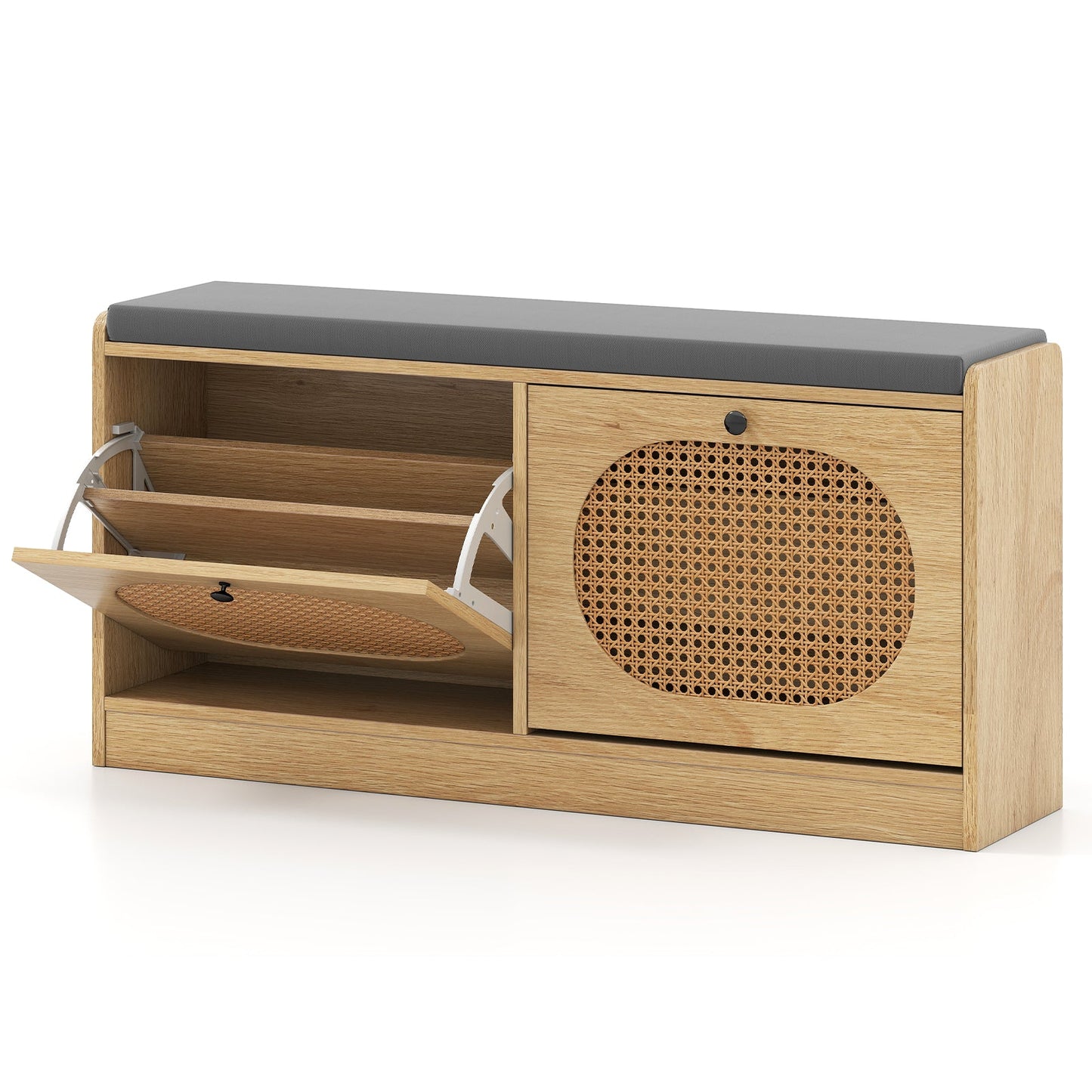 Shoe Storage Bench with 2 Flip-over Doors and Adjustable Shelves-Natural