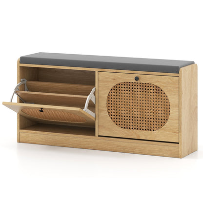 Shoe Storage Bench with 2 Flip-over Doors and Adjustable Shelves-Natural