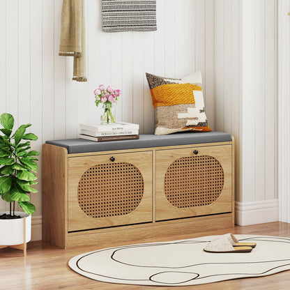 Shoe Storage Bench with 2 Flip-over Doors and Adjustable Shelves-Natural