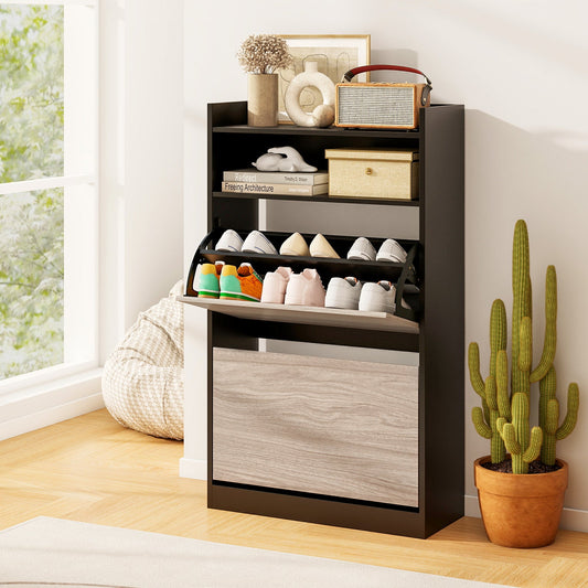Shoe Storage Cabinet with 2 Flip Drawers and Open Storage-Black
