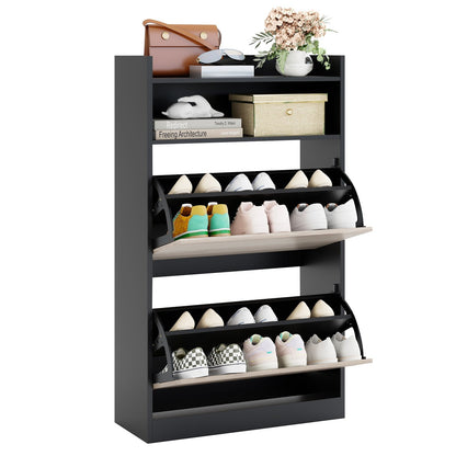 Shoe Storage Cabinet with 2 Flip Drawers and Open Storage-Black