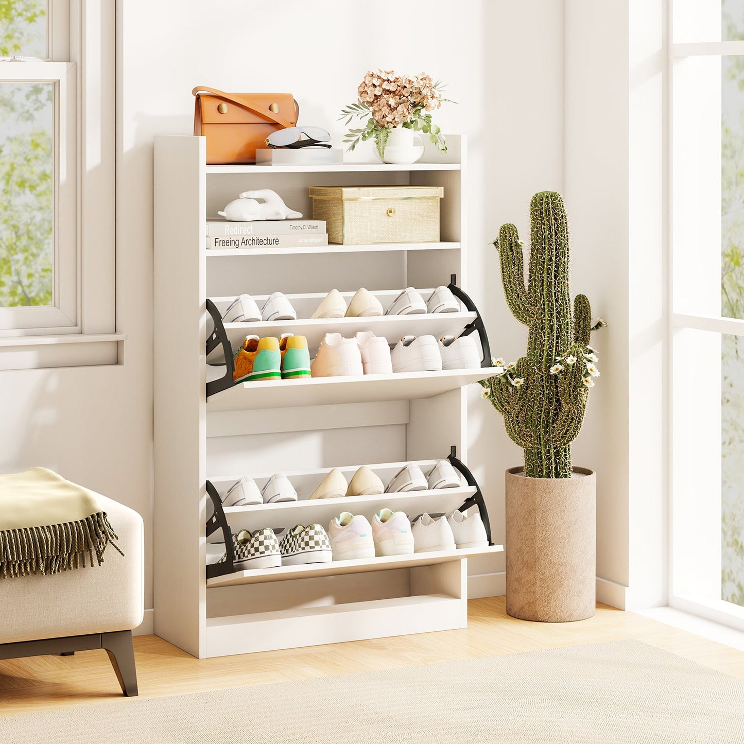 Shoe Storage Cabinet with 2 Flip Drawers and Open Storage-White