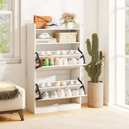 Shoe Storage Cabinet with 2 Flip Drawers and Open Storage-White