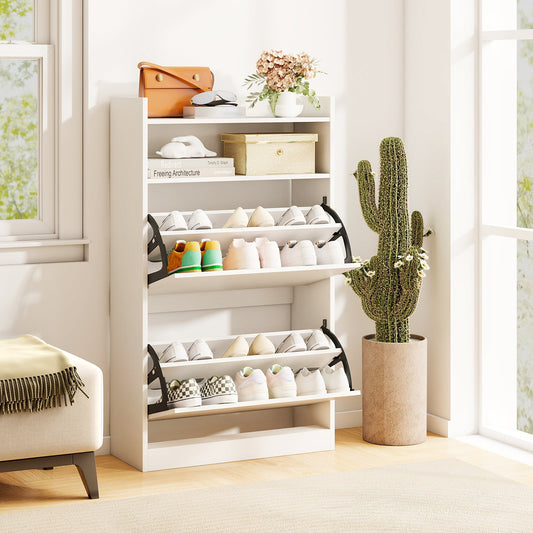 Shoe Storage Cabinet with 2 Flip Drawers and Open Storage-White