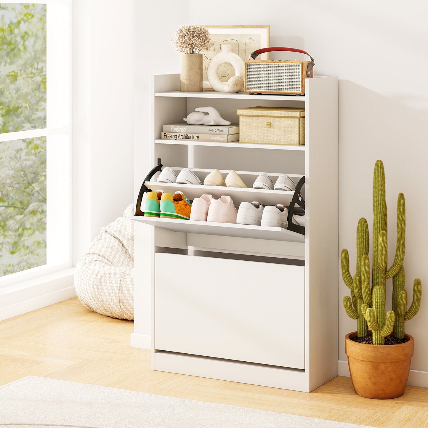 Shoe Storage Cabinet with 2 Flip Drawers and Open Storage-White